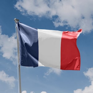 May include: A French flag waving in the wind against a blue sky with white clouds.