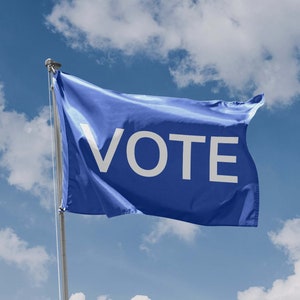 Może przedstawiać: Niebieska flaga z napisem "VOTE" nadrukowanym białymi literami na tle niebieskiego nieba z białymi chmurami.