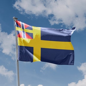 Könnte beinhalten: Eine blaue Flagge mit einem gelben Kreuz und einem rot-weiß-blauen Symbol in der oberen linken Ecke. Die Flagge weht im Wind vor einem blauen Himmel mit weißen Wolken.