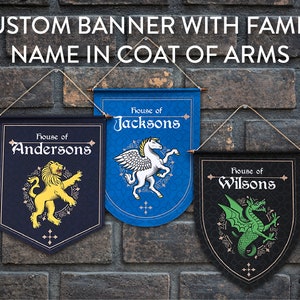 Medieval Style Personalized Family Banner Wall Hanging With Mythical Creatures Print, 12x17&quot; / 32x43 cm size, Made in European Union