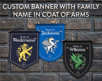 Medieval Style Personalized Family Banner Wall Hanging With Mythical Creatures Print, 12x17&quot; / 32x43 cm size, Made in European Union