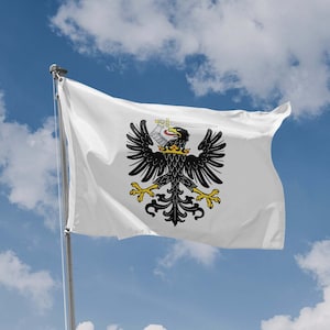 Puede incluir: Una bandera blanca con un águila negra con una corona dorada y una espada en sus garras. La bandera ondea al viento contra un cielo azul con nubes blancas.