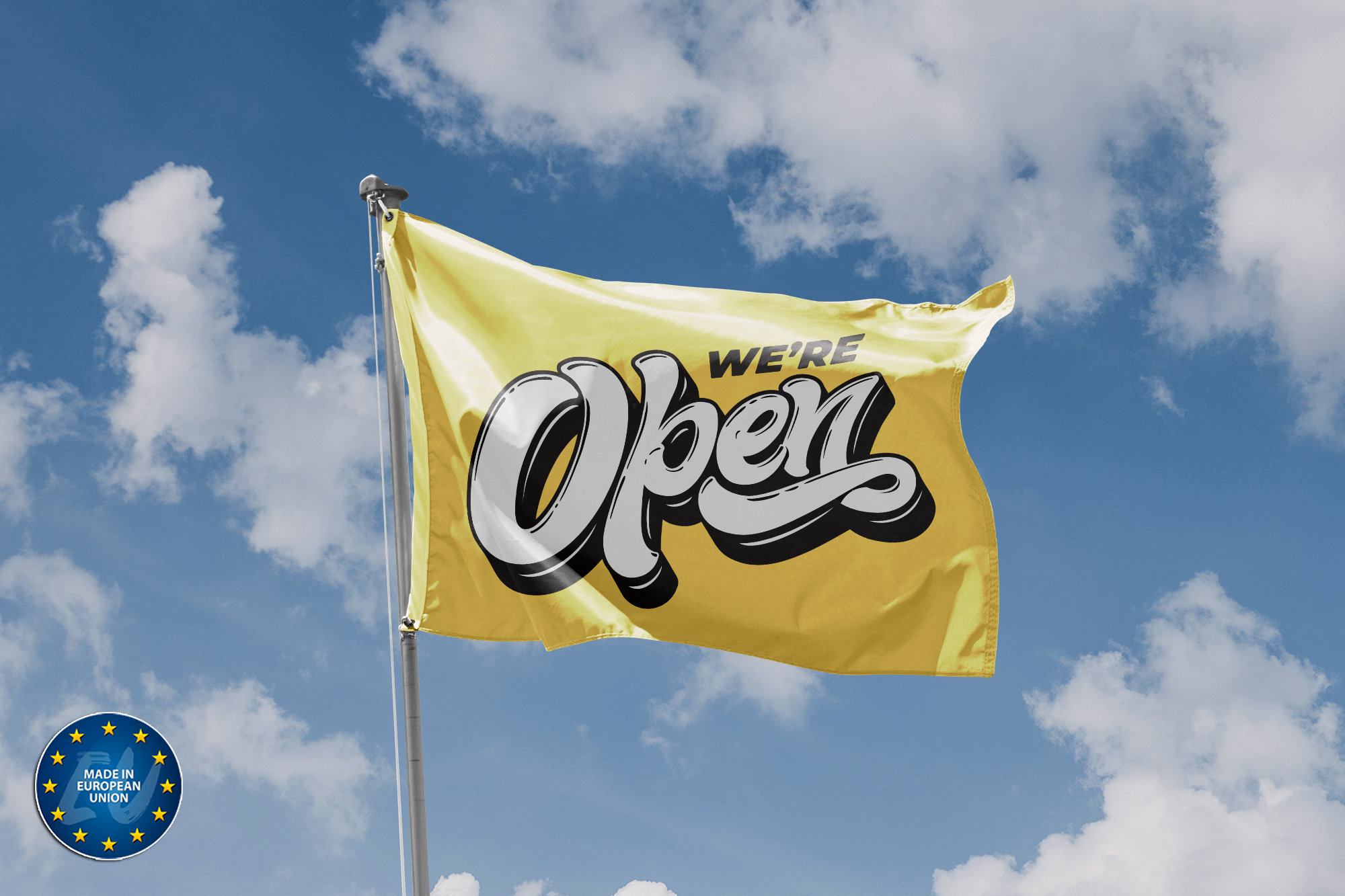 We're Open Yellow Flag Unique Print, 3x5 Ft / 90x150 cm size, EU Made