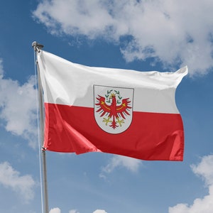May include: A red and white flag with a coat of arms featuring a red eagle with a yellow beak and claws. The flag is flying in the wind against a blue sky with white clouds.