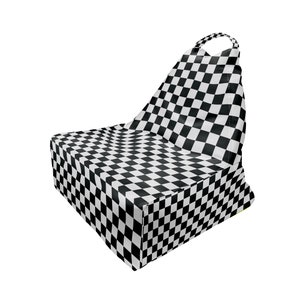 May include: Black and white checkered bean bag chair with a handle on the back.