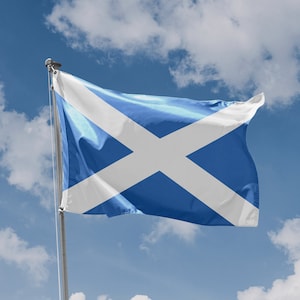 Op de afbeelding: Een blauwe vlag met een wit diagonaal kruis, wapperen in de wind tegen een helderblauwe lucht met witte wolken.
