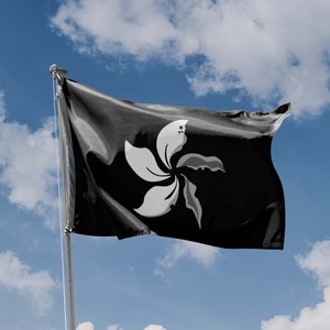 Puede incluir: Una bandera negra con un diseño de flor estilizado blanco, conocido como la flor de Bauhinia, ondeando al viento contra un cielo azul con nubes blancas.