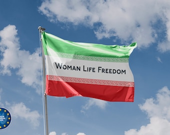 Drapeau de protestation pour la liberté de vie d'une femme Iran III | Impression de conception unique | Matériaux de haute qualité | Dimensions - 3 x 5 pi / 90 x 150 cm | Fabriqué dans l'UE