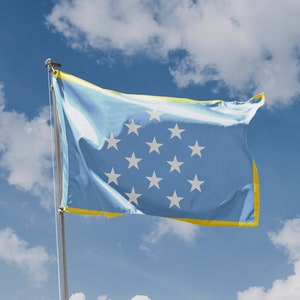 Peut inclure: Un drapeau bleu avec une bordure jaune et 12 étoiles blanches au centre, flottant au vent contre un ciel bleu avec des nuages blancs.