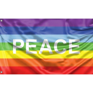 May include: A rainbow peace flag with the word "PEACE" in white letters.