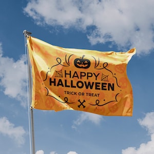Bandera de Halloween con texto "Trick or Treat" / Diseño exclusivo / Materiales de alta calidad / Tamaño: 3 x 5 pies / 90 x 150 cm / Fabricado en la UE