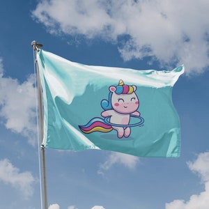 Lindo unicornio con bandera azul / Diseño exclusivo / Materiales de alta calidad / Tamaño: 3 x 5 pies / 90 x 150 cm / Fabricado en la UE