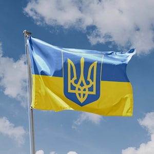 Ukraine Flag with Crest | Unique Design Print | High Quality Materials | 5 Sizes | Made in EU