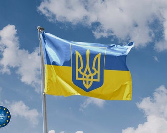 Ukraine Flag with Crest | Unique Design Print | High Quality Materials | 5 Sizes | Made in EU