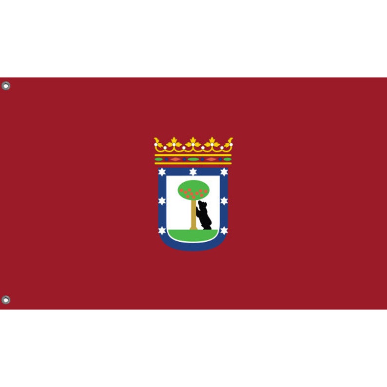 May include: A red flag with a blue and white shield featuring a green tree and a black bear. The shield is topped with a gold crown.
