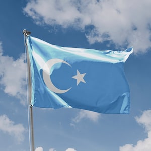 Peut inclure: Un drapeau bleu avec un croissant de lune blanc et une étoile, flottant au vent contre un ciel bleu vif avec des nuages blancs.