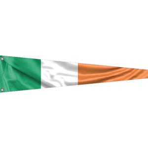 May include: A pennant flag with the colors of the Irish flag: green, white, and orange. The flag is made of fabric and is flying in the wind.