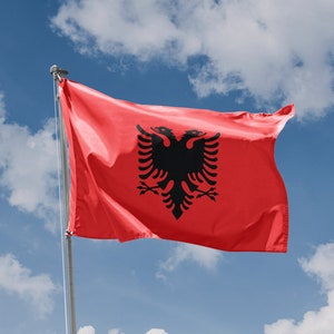Pode incluir: Uma bandeira vermelha com uma águia bicéfala preta no centro, a ondular ao vento contra um céu azul com nuvens brancas.