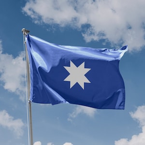 May include: A blue flag with a white eight-pointed star in the center, waving in the wind against a blue sky with white clouds.