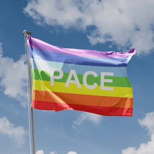 Könnte beinhalten: Eine Regenbogenflagge mit dem Wort "FRIEDEN" in weißen Buchstaben auf einem weißen Streifen. Die Flagge weht im Wind vor einem blauen Himmel mit weißen Wolken.