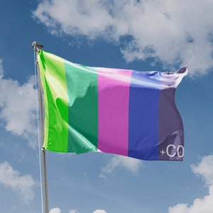Puede incluir: Una bandera con cinco franjas verticales en los colores verde, verde claro, rosa, azul y morado. La bandera ondea al viento contra un cielo azul con nubes blancas. El texto " + CO" está impreso en blanco en la esquina inferior derecha de la bandera.
