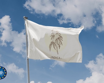 May include: White flag with a brown line drawing of a cannabis plant with the word "INDICA" printed below the plant.