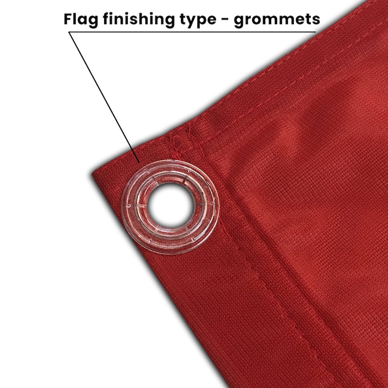 Op de afbeelding: Close-up van een rode stoffen vlag met een doorzichtige plastic oog. De oog is versterkt met een metalen ring.  "Vlag afwerkings type - ogen" staat boven de oog.