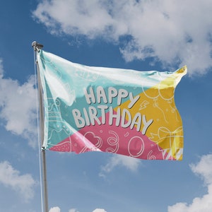 Bunte Happy Birthday Flagge Einzigartiger Druck, 90 x 150 cm Größe, Hergestellt in der EU