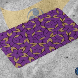 May include: A purple and gold geometric pattern with a repeating design of overlapping hexagons and triangles.