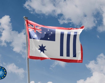 May include: A flag with a red, white, and blue design. The flag has a blue field with five white stars, a red field with a Union Jack in the upper left corner, and three vertical blue stripes on the right side. The flag is waving in the wind against a blue sky with white clouds.