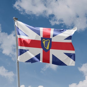 Könnte beinhalten: Eine blaue und rote Flagge mit einem weißen Kreuz und einem blauen Schild mit einer goldenen Harfe in der Mitte. Die Flagge weht im Wind vor einem blauen Himmel mit weißen Wolken.