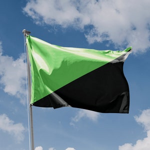 May include: A green and black flag with a diagonal line dividing the colours. The flag is waving in the wind against a blue sky with white clouds.