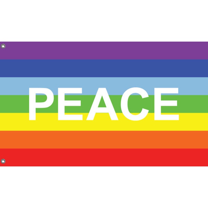 May include: A rainbow peace flag with the word "PEACE" in white letters.