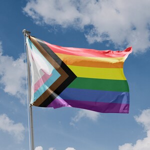Puede incluir: Una bandera del orgullo arcoíris con un triángulo negro y marrón en la esquina superior izquierda, que representa la inclusión de las personas de color en la comunidad LGBTQ+. La bandera ondea en un asta de bandera contra un cielo azul con nubes blancas.