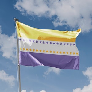 Puede incluir: Una bandera morada, blanca y amarilla con una fila de estrellas amarillas en cada una de las franjas blancas. La bandera ondea al viento contra un cielo azul con nubes blancas.