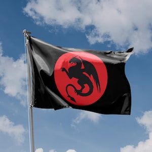 May include: A black flag with a red circle in the center. Inside the circle is a black silhouette of a dragon.