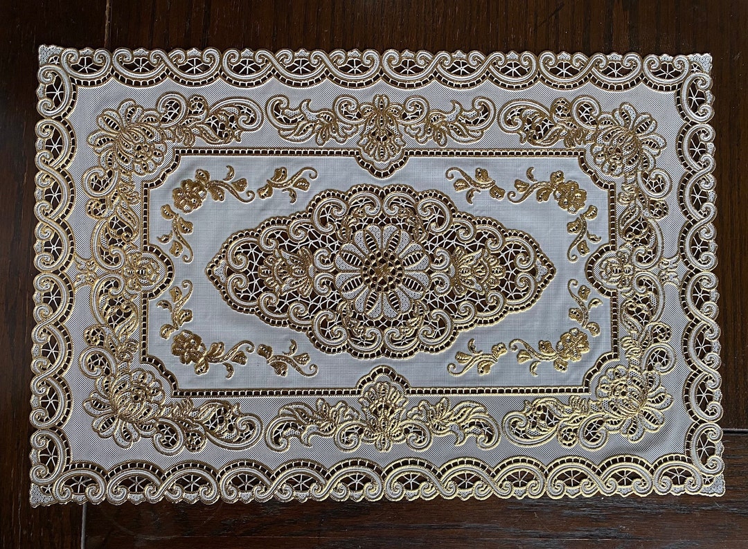 Vintage Plastic Lace Placemats, Set of 4 Ivory and Gold Rectangular