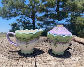 Home Interiors Wisteria Sugar and Creamer with Blue Bird, Creamer Set, Dining, Décor, Gift