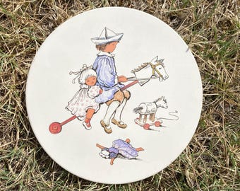 Hornsea England Wall Decor, Children with a Stick Pony Scene, 6 1/2" Diameter Decorative Children Plate, Whimsical, Playroom