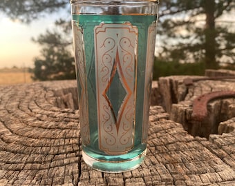 Set of 4 Vintage Emerald and Gold Diamond Glasses, 5 1/2” Tall, Barware, Cocktail Glass
