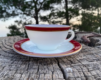 Vintage Pyrex Cup and Saucer, Milk Glass, Burgundy and Gold Band, Dining, Collectible, Decor