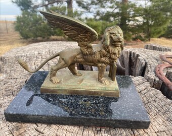 Brass Winged Lion Sculpture, Lion Figure Holding an Open Book on a Marble Base, Age/Patina Visible, Bookend, Decor
