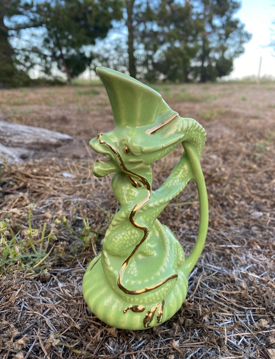 Ceramic Dragon Vase, Green and Gold Dragon Small Vase, 6 1/2" Tall ...