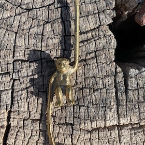 May include: A brass monkey-shaped hook with a long, curved tail. The monkey is in a sitting position, holding onto the hook with its arms. The hook is a warm gold color and is set against a textured, weathered wood background.