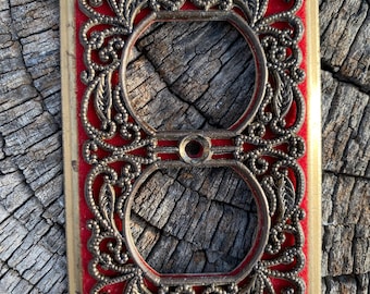 Metal and Red Velvet Outlet Cover Wall Plate, Unmarked, Vintage Décor