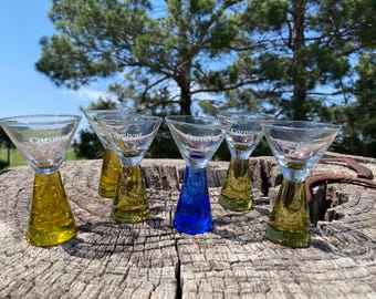 Set of 6 Carnival Shot Glasses, 4" Tall, One Blue, 5 Dark Yellow, Barware, Decor