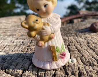 Vintage Growing Up Number 1 Girl with Teddy Bear Figurine, 2 5/8” Tall, Enesco 1981, Birthday Girl, Décor, Gift