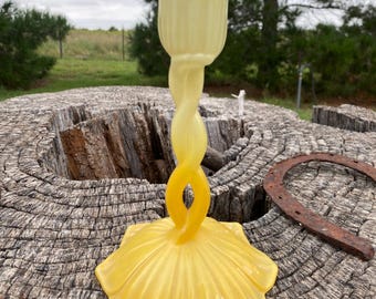 Vintage Yellow Tulip Candlestick, 9” Tall, Yellow Tulip Glass Candleholder, Frosted Yellow Glass, Centerpiece, Mantel, Display, Home Décor