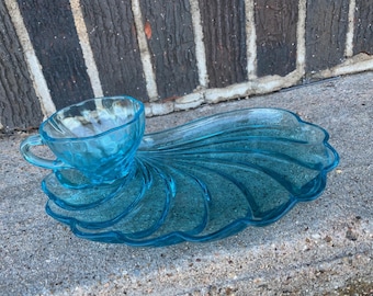 Capri Blue Seashell Snack Set, Plate and Cup Luncheon Set, Vintage Hazel Ware, Hostess Gift