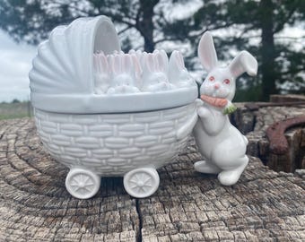 Vintage Fitz and Floyd Ceramic Candy Dish with Lid, 1979, Rabbit with a Baby Stroller, Bunny Buggy, Decor
